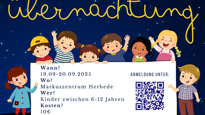 Plakat mit Einladung zur Kinderbibelübernachtung am 19.09.2025 und QR-Code zur Anmeldung