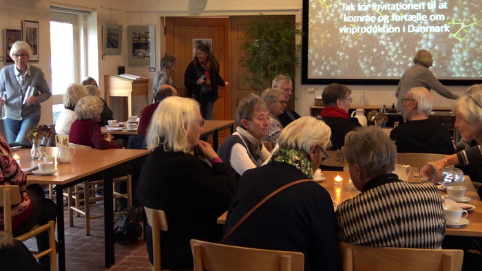 En gruppe ældre mennesker deltager i en foredrag i et lokal.