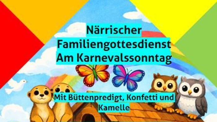 Bunter Plakat für eine fröhliche, familienfreundliche Karnevals-Gottesdienst mit Tieren und dem Thema Noahs Arche.