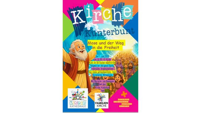 Buntes Kinderkirchen-Plakat über Moses’ Weg in die Freiheit mit ansprechenden Illustrationen und Aktivitäten.