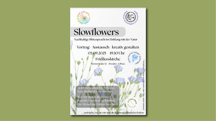 Flyer für eine Veranstaltung der Slowflowers im Oktober 2025 in der Friedenskirche in Leipzig.