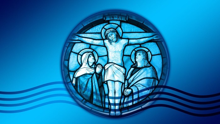Grafik in Blau mit Wasserlinien und in einem Kreis die Kreuzigungsszene mit Maria und Johannes