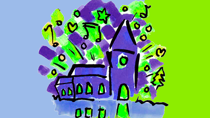 Kirche in lila/grün mit Noten