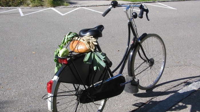 Fahrrad, auf dem Gepäckträger Brot, Getreide, Kohlrabi, Lauch