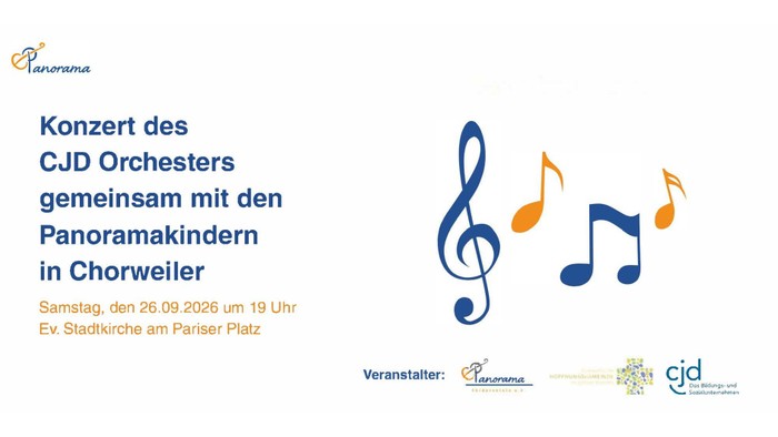 Konzertankündigung mit dem CJD Orchester und den Panoramakindern in Chorweiler am 26. September 2026 um 19 Uhr.