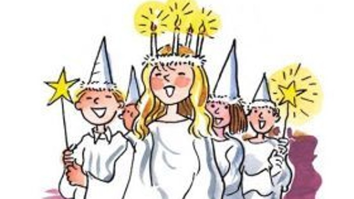 Tre julepiker med kroner og stjerner, en med stafir.