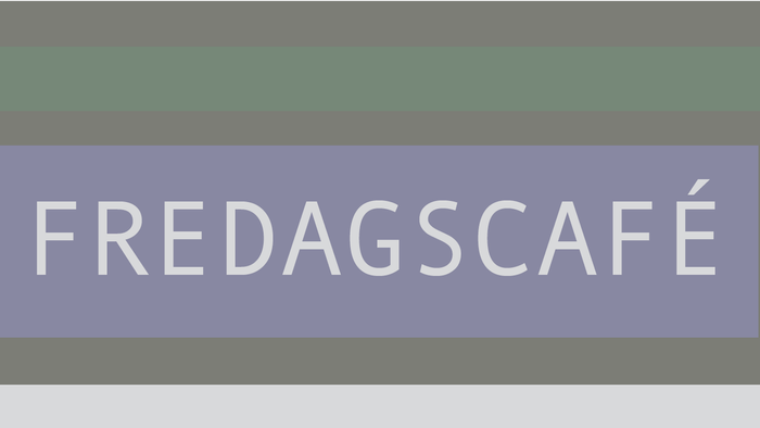 Fredagscafé logo med skråstillet tekst på en farveblanding af grå og lilla.