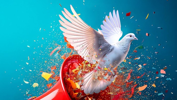 Weißer Vogel fliegt aus rotem Megafon mit Konfetti,