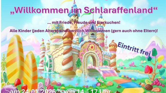 Ein buntes Plakat lädt Kinder zu einer kostenlosen „Kinderfasching“-Veranstaltung im Schlaraffenland mit Süßigkeiten und Spielen am 24. Januar 2026 ein.