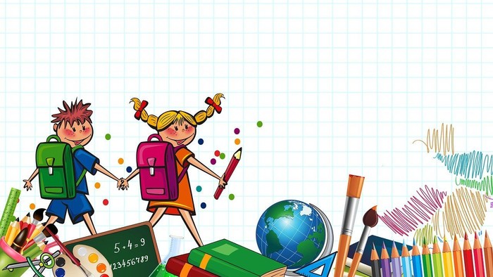 Zwei Kinder mit Schulranzen und Schreibutensilien auf einem bunten Hintergrund