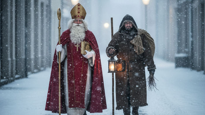 Nikolaus und Knecht Ruprecht in einer verschneiten Straße
