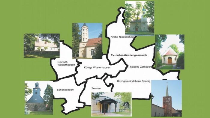 Karte mit den Gemeinden der Region Königs Wusterhausen und mit Fotos der Kirchen der Region