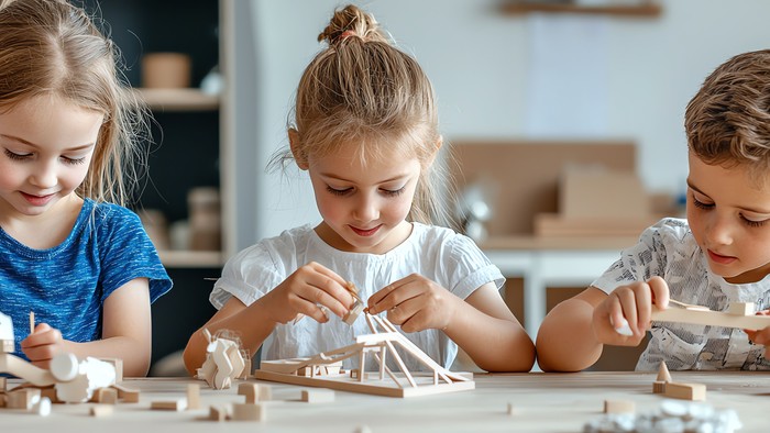 Tre børn sitter på gulvet og bygger med legetøj.