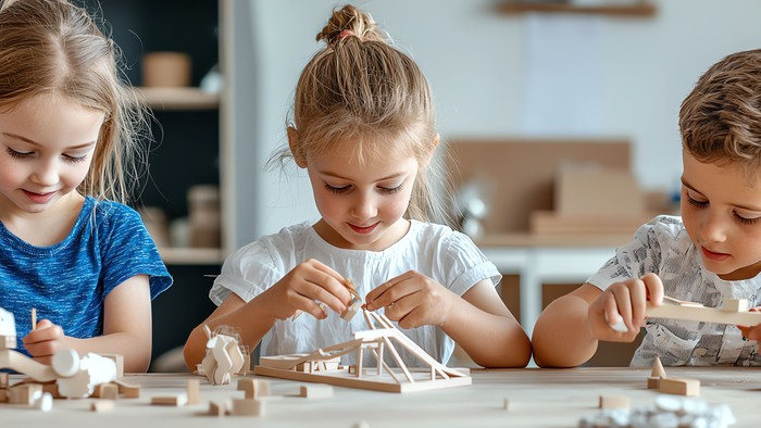 Tre børn sitter på gulvet og bygger med legetøj.