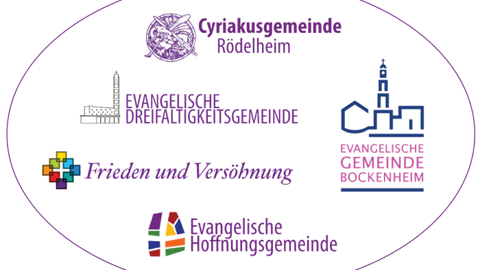 Logos verschiedener evangelischer Kirchengemeinden in Deutschland mit eigenen lokalen Namen und Symbolen.