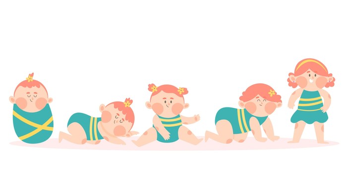 Fünf Kinder in verschiedenen Entwicklungsstadien, von Neugeborenem bis Kleinkind, alle in blauen und gelben Stramplern.