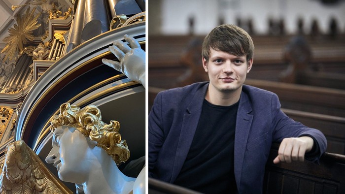 Links: Dekorative Uhr mit goldenen Akzenten, rechts: junger Mann in Anzug sitzt in Kirche