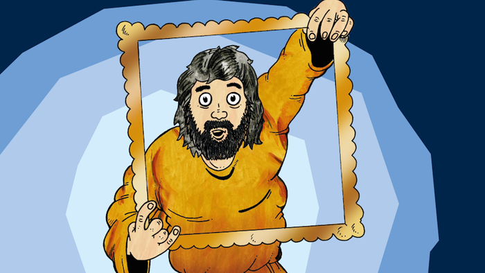 Jesus-Figur im Comic-Stil hinter einem Bilderrahmen