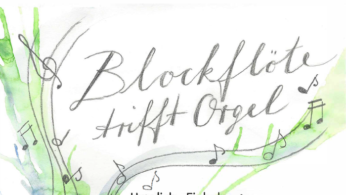 Zu sehen ist ein kunstvoll gestalteter Schriftzug: Blockflöte trifft Orgel.