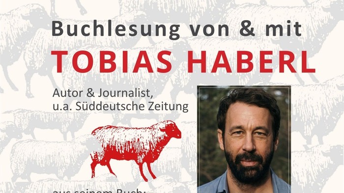 Plakat mit Schafen, Text und Porträt