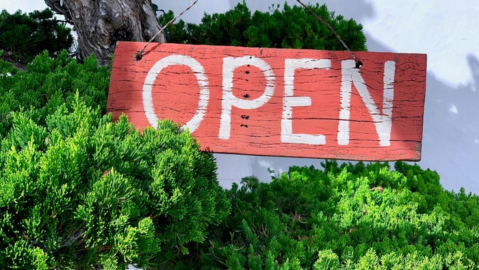 Ein rotes Holzschild mit der Aufschrift "OPEN" hängt an einem Baum.