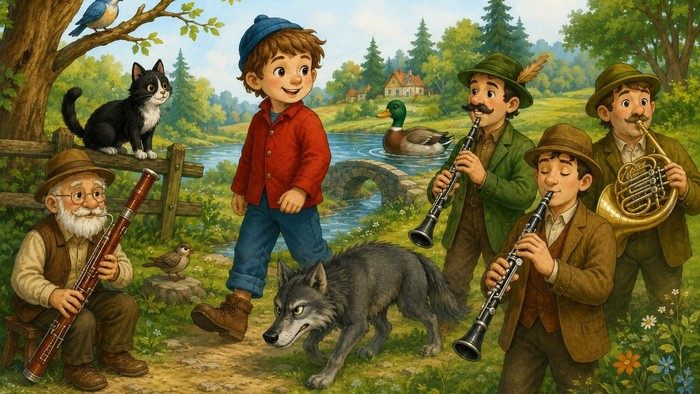 Zeichnung eines Jungen, eines Wolfes und von vier Musikanten in der Natur
