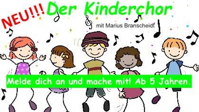 Kinder singen und tanzen fröhlich, umringt von Noten und Text