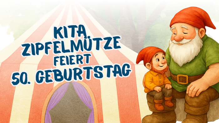 Ein fröhlicher Gnom und ein Kind feiern den 50. Geburtstag der Kita Zipfelmütze in einem festlichen Zelt.