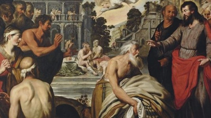 En bibelsk scene viser Jesus, der helbreder en spedalsk i en folkemængde i et fredfyldt landskab.