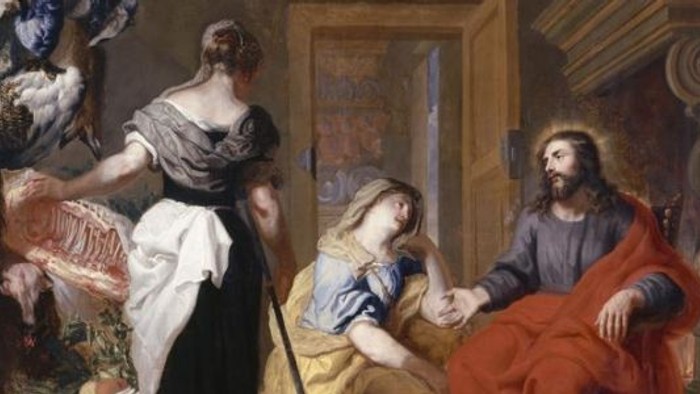 En kvinde i hvidt passer en syg pige, mens Jesus helbreder hende, omgivet af dramatiske klassiske elementer.