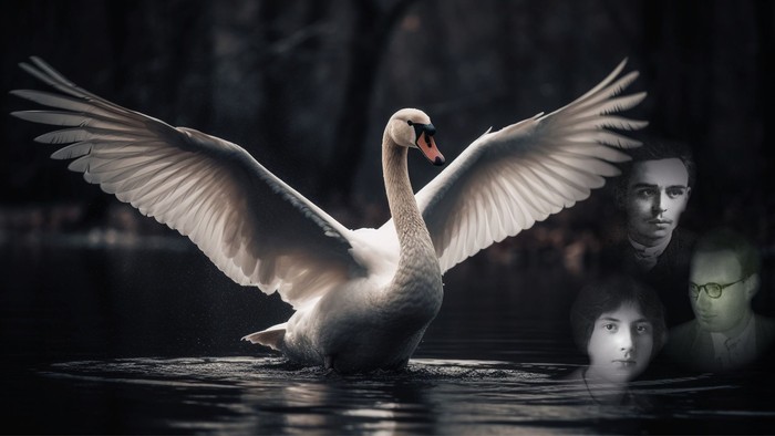 En fredfyldt svane glider hen over vandet med spøgelsesagtige ansigter spejlet i baggrunden.