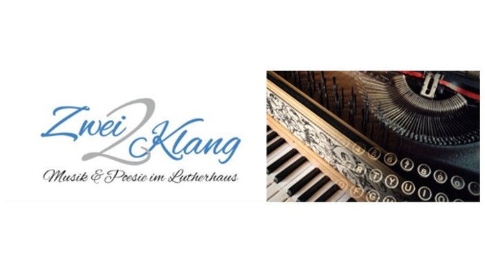 Das Bild zeigt eine Klaviatur mit filigranen Details und das Logo von *„Zwei Klang“* für Musik und Prosa.