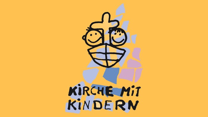 Logo der Kinderkirche mit Schiff und Text 'Kirche mit Kindern' auf orangem Hintergrund