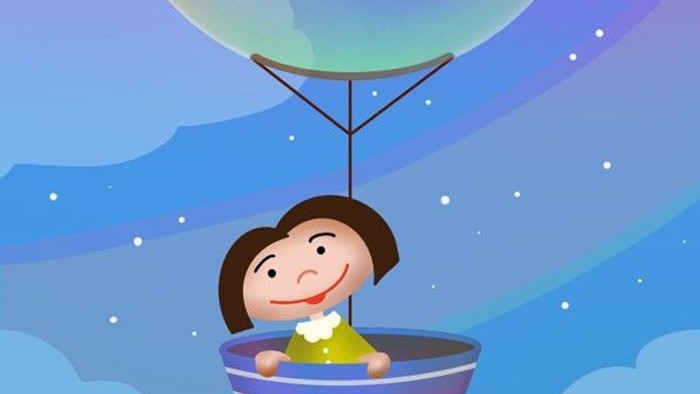 Tegneserie, pige i ballon, blå himmel, stjerner