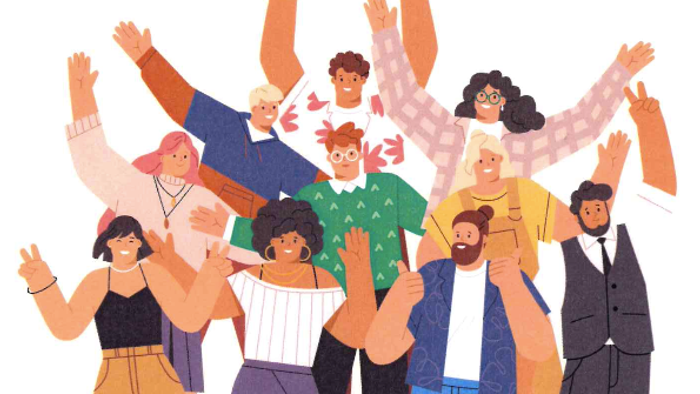 Eine Gruppe von Menschen feiert und hebt die Hände.