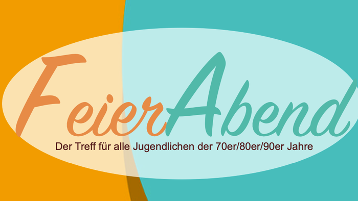 Das Logo von FeierAbend mit einem farbenfrohen Hintergrund und dem Slogan für Senioren