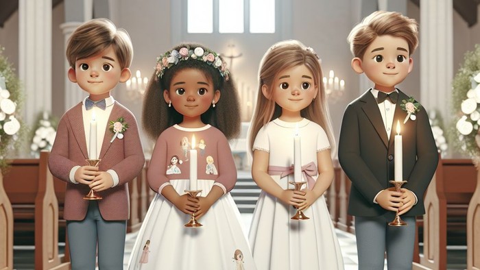 Vier Kinder in feierlicher Kleidung stehen in einer Kirche