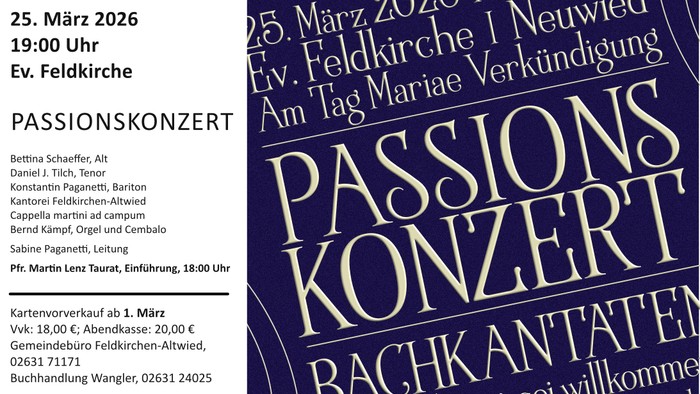 Leidenschaftliches Konzertplakat für den 25. März 2026 mit Werken von Bach, inklusive Mitwirkenden und Veranstaltungsdetails auf Deutsch.