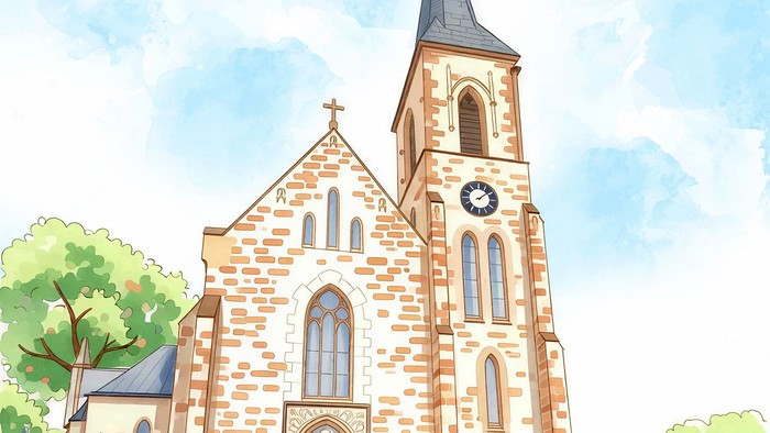 Bezaubernde Aquarellkirche mit hohem Kirchturm, Bogenfenstern und einer ruhigen, malerischen Umgebung.
