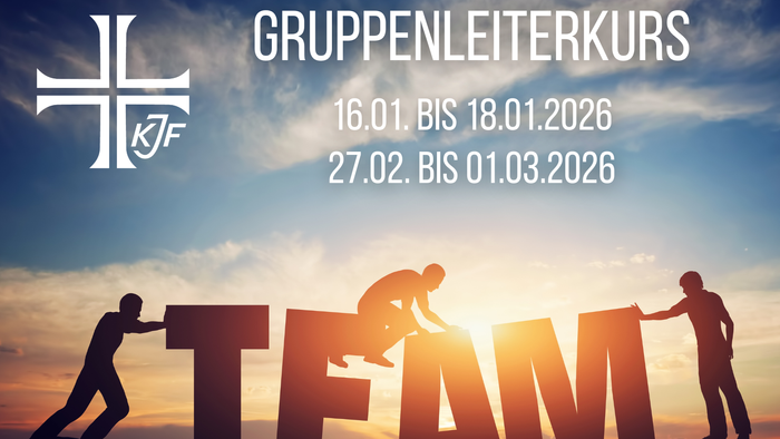 Gruppenleiterkurs des KJF am 16.01. und 27.02.2026, Teamarbeit symbolisiert durch Silhouetten und das Wort