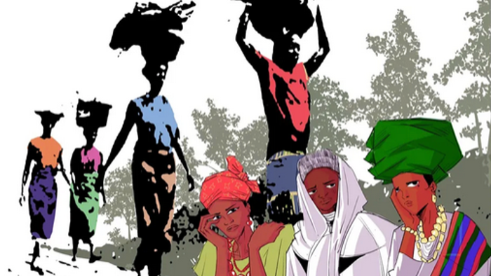 Man sieht eine Zeichnung von Frauen aus Nigeria, die teilweile Körbe auf ihren Köpfen tragen.