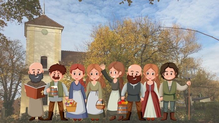 Eine Gruppe gezeichneter Dorfbewohner in historischer Kleidung steht mit Körben und Fässern vor der Dorfkirche Lübars an einem herbstlichen Tag.