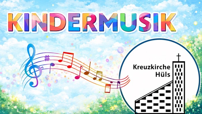 Buntes musikthematisches Plakat zur Bewerbung von KinderMusik-Veranstaltungen in der Kreuzkirche Hüls mit Noten und einer Kirchenillustration.