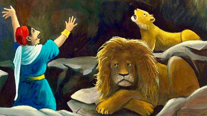 Ein Mann in blauer Robe mit Löwen und einer Löwin in einem Felsengebiet