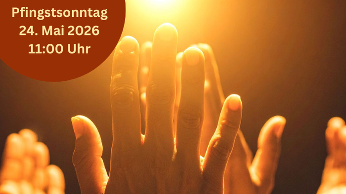 Plakat für den Gottesdienst am Pfingstsonntag mit zum Gebet erhobenen Händen und Bachs Choralmusik.