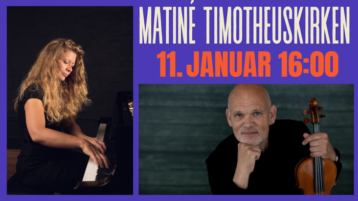 En kvinde, der spiller klaver, en mand, der holder en violin, begivenhedsdetaljer