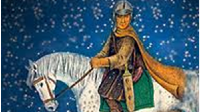 Ein Ritter auf einem weißen Pferd sitzt über einem knienden Mann