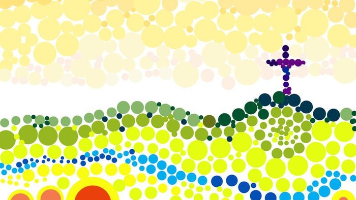 Abstrakte Landschaft mit bunten Blasen und einer Kreuzsilhouette auf einem Hügel.