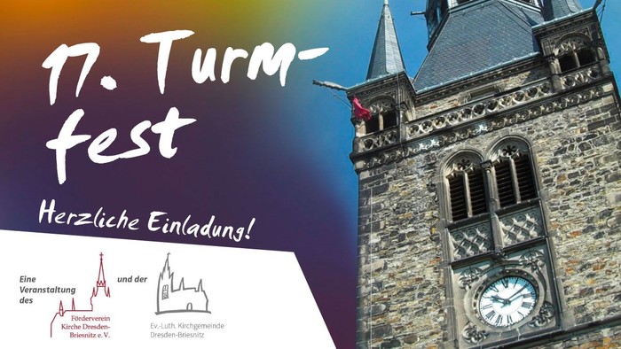 Einladungsplakat zum 17. Turmfest mit historischem Uhrenturm und herzlicher Begrüßungsbotschaft.