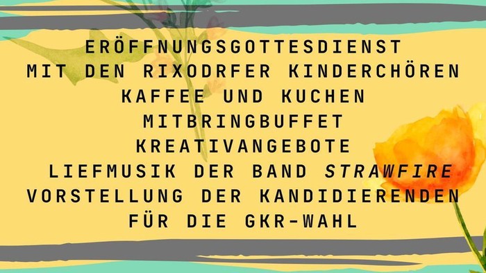 Grünes Rechteck mit braun umrandeter gelbem Textfeld in der Mitte. Mit Blumen im Hintergrund und am rechten Rand.